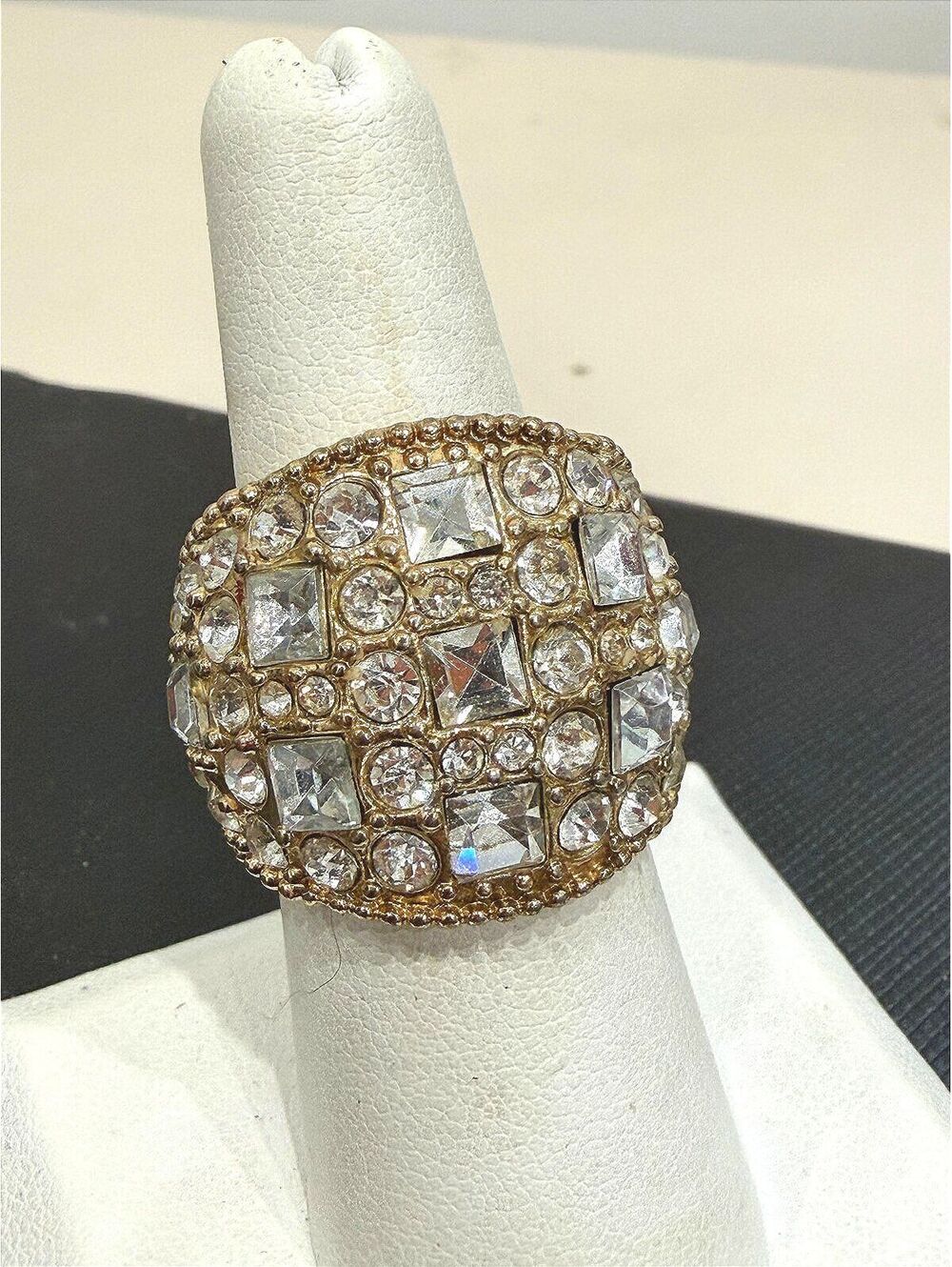 Vintage Gold Tone Rhinestone Statement Ring Size 7